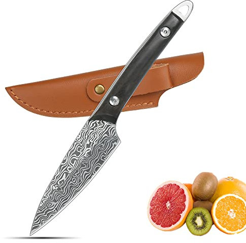 WILDMOK Cuchillo para frutas Cuchillos para pelar Acero inoxidable Cuchillo utilitario de 3.3 pulgadas Cuchillo de cocina para cortar frutas y verduras con estuche de cuero (B)