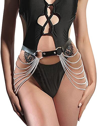 WERFORU Women Belt with Silver Chain Punk Gothic Faux Leather Waist Belt Fashion Adjustable Chain Belt Black