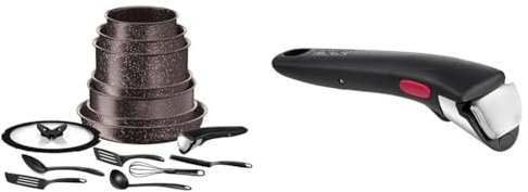 Tefal Ingenio Batterie de cuisine 15 pièces, Marron, 28.5 x 32.5 x 32.5 cm & Ingenio Poignée amovible noire, Empilable, Amovible, Verrouillage sécurité 3 points, Garantie 10 ans, Expertise L9863302