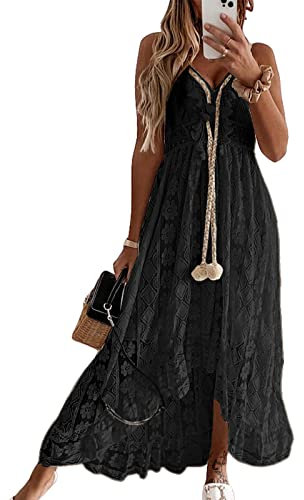 CUPSHE Women Maxi Dress V-Neck Tassel Ruching Dress for Women Sleeveless Lace Up Smocking Ruffle Black L