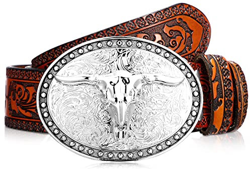 Xuniea Cowboy Gürtel mit Longhorn Schnalle für Herren Western Ledergürtel mit Blumen Gravierter Schnalle (Camelfarben, 43 Zoll)