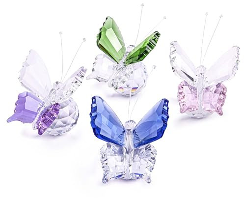 H&D Hyaline&Dora 4 Stück Fliegender Kristall Schmetterling mit Kugelsockel, geschliffenes Glas Ornament Statue, Tierfiguren Kollektion Zuhause Hochzeit Büro Tischdekoration