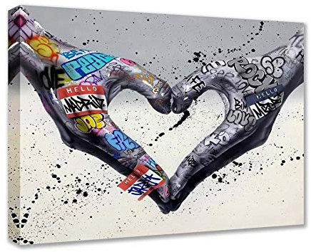 Walarky Banksy Street Art Graffiti Hände bilden ein Herz Bilder Gemälde Kunstwerk für Wohnzimmer Geschenk 1 Leinwand Wanddekoration, nordisch, gerahmt, fertig zum Aufhängen, 40,6 x 61 cm
