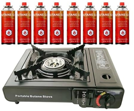 Trendi® BUTANE GAS/BOTTLES CANISTER/CAMPING GAS/COOKER BBQ/GAS CANISTERS FOR/CAMPING STOVE (Gas Stove + 8 Gas Canisters)