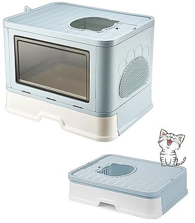 MINGYI Bac à Litière pour Chat Fermée, Grande Maison de Toilette Chat Pliable avec Couvercle, Tiroir à Litière avec Pelle, WC pour Chats, Jusqu'à 7 kg (Bleu L 48,5×38×36,5 cm)