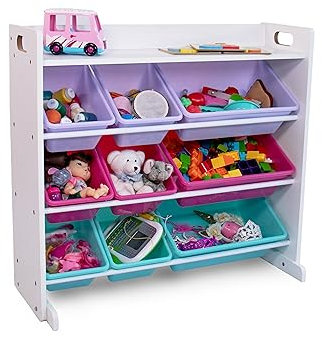 Humble Crew Spielzeug-Organizer mit oberem Regal und 9 herausnehmbaren Behältern, Weiß/Rosa/Violett/Aqua, Kleinkind-Bücherregal mit Spielzeug-Organizer, modernes Spielzeugregal, ideal für