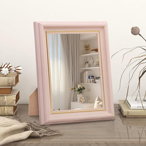 HLFMVWE Vintage Tisch-Schreibtischspiegel, rustikaler Holzrahmen, rechteckig, antiker kleiner Standspiegel, dekorative Kommode, Tischplatte, Arbeitsplatte, Büro, Schlafzimmer, Badezimmer, Wohnzimmer,