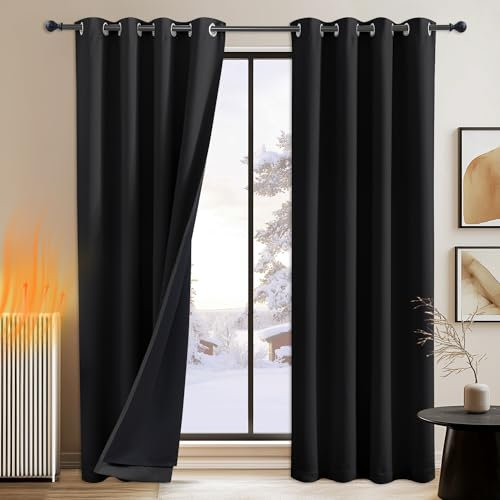 PONY DANCE Verdunklungsvorhänge mit Ösen 2er Set H 200 x B 140 cm Blickdichter Vorhang mit Schwarzem Futter Schlafzimmer Gardinen Lichtundurchlässig Thermal Blackout Curtains, Schwarz