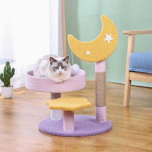 Smalll Cat Scratching Post, MODUSKYE Yellow Moon Star Cat Tree Pink Cat Bed 23.5 Cat Tower, Cat Nest with Play Toys Cozy Fluffy Kitten Climbing for Cat Indoor Activity