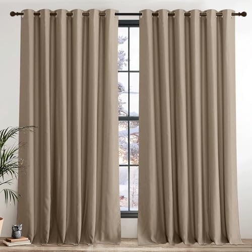 PONY DANCE Blackout Mocha Curtains for Bedroom - Thermal Insulated Curtains with Eyelet 2 Panels, 90 Inch Width x 90 Inch Drop Noise Reducing Energy Saving Drapes for Living Room/Hotel