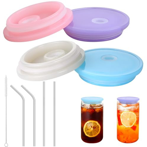 Giantree 4 Pcs Regular Mouth Mason Jar Lids with Straw Hole, 70mm Acrylic Mason Jar Straw Lids Set Include Reusable Stainless Steel Straw and Brush Sturdy Mason Jars Lids Leakproof Drinking Cups Lids