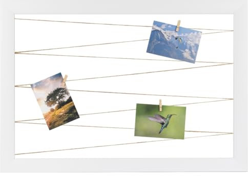 CLAMARO 'Neo Collage Line' Fotohalter 90x70 cm | Weiß Matt | Querformat Bilderrahmen mit Fotoleine aus Juteband und Holzklammern | Ideal als Fotocollage Galerie, Fotowand oder Fotorahmen