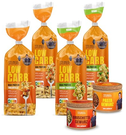 STEINER’s Low Carb High Protein Pasta Party Box | 95-99% weniger Kohlenhydrate | Pasta Set | Inkl. Fusilli & Tagliatelle, Pasta Gewürze & Bruschetta Gewürzmischung