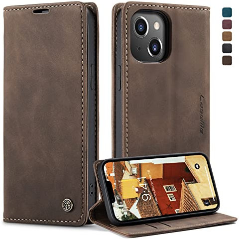 owlhold hülle iPhone 14 klapphülle Premium Lederhülle Weiches Vintage-Nubukleder Faltbare Ständer Schutzhülle Kartenfach Standfunktion stoßfest Handyhülle iPhone 14 -Kaffee