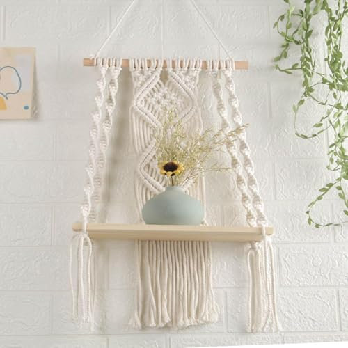 Penlimly Makramee Wandregal Boho Deko R-egal, Pflanzen Wandregal Hängeregal Organizer Baumwollseil Handgewebte Schweberegal für Balkon Badezimmer Wohnzimmer Schlafzimmer Kinderzimmer Heimdekoration