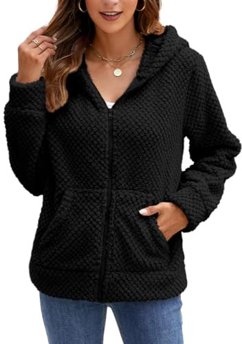 Damen Winterjacke Hoodie Fleecejacke Warm Wintermantel Stilvoller Pullover Strickjacke Reißverschluss Plüschjacke Herbst Kurz Mantel Winter Jacke Oberteile Mode Kapuzenjacke Mit Taschen (Schwarz, S)