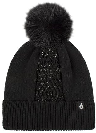 HEAT HOLDERS SOCKSHOP Damen Hut - 'Kiruna', Zopfmuster in der Mitte, Flauschiger Bommel, Thermal, Warm und gemütlich, Draußen, Wandern 1 Pack Einheitsgröße Schwarz