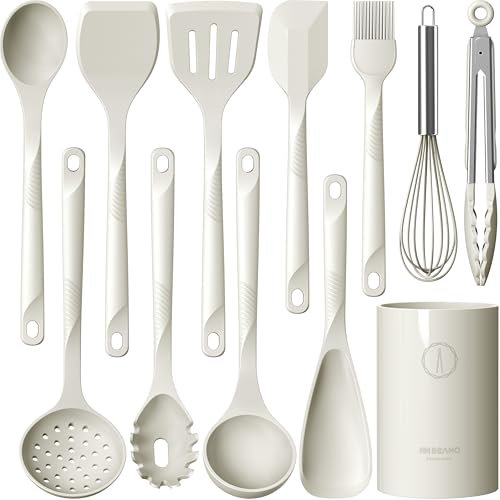 Juego de utensilios de cocina de silicona resistentes al calor, antiadherentes con espátulas, cucharas, batidor, pinzas, sin BPA, aptos para lavavajillas, color blanco crema