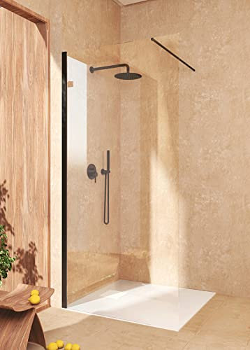 SOULBATH Mampara de Ducha Panel Fijo, Fácil instalación Vidrio de Seguridad 8 mm antical, 80 cm Ancho x 200 cm Alto, Perfil Negro Mate