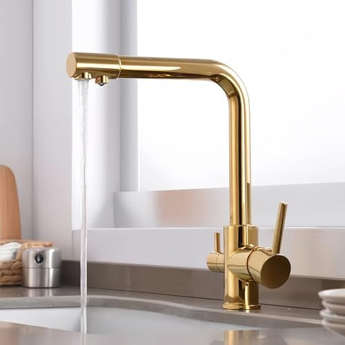 Grifo Cocina Osmosis 3 Vias Oro Giratorio de 360° Grifo de Agua Potable Mezclador Grifo de Cocina con Barra Doble