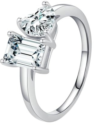 Bishilin Damen Verlobungsring Weißgold 375, Ringe Herz und Rechteck mit Moissanit Trauringe Ungewöhnlich Hochzeit Ringe Frauen Große 55 (17.5)