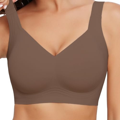 Mivorica Women's Full Coverage Wireless Bra,Non Wired Push Up Bra for Comfort and Lift,Coffee,L