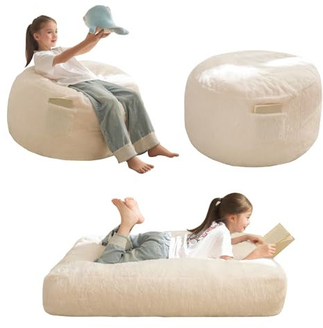 MAXYOYO Puf cama convertible de puf en cama, sofá de espuma con funda peluda y relleno esponjoso para niños, adolescentes, invitados (beis, 130 x 90 cm)
