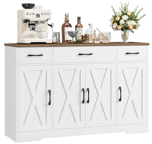 HOCSOK Sideboard, 140 cm Breit Küchenschrank mit 2 Verstellbaren Regalen, Buffetschrank mit 3 Schubladen 4 Türen, Küchenbuffet für Wohnzimmer, Küche, Flur, Weiß