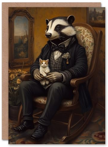 Artery8 Greeting Card Victorian Badger with Kitten on Rocking Chair Blank For Him Or Her Art Birthday Card