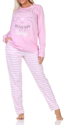 Normann Damen Langarm Schlafanzug Pyjama in Katzen Optik - auch in Übergröße, Farbe:rosa, Größe:36-38