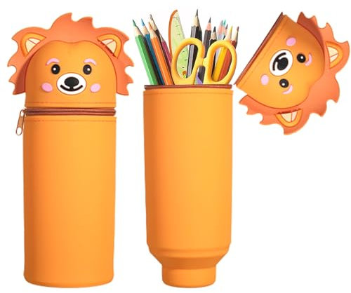 MEISHANG Federmäppchen Silikon-Löwe,18 Modelle zur Auswahl,2 in 1 Weiche Silikontasche,Mäppchen Tier 18,5 cm Hoch, Reißverschluss und Ausdehnbar,Stifte Mäppchen für Mädchen Junge(Orange)