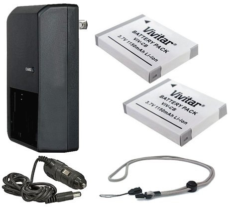 Lot de 2 batteries haute capacité + chargeur de voyage AC/DC compatible avec Nikon CoolPix P100 + cordon tour de cou Krusell Multidapt (finition noire)