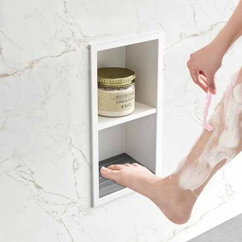 Neohomee Douche murale - Repose-pieds encastré avec étagère - En acier inoxydable 304 - Niche blanche avec coussinets en silicone antidérapants - Pour salle de bain - 34 x 18 cm