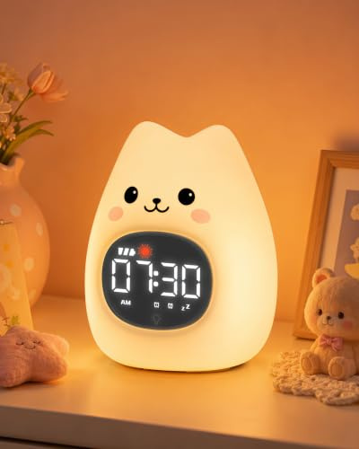 Yiliaw Katzen Kinderwecker mit Nachtlicht – Schlaftrainer & Aufwachuhr, wiederaufladbare Silikonlampe fürs Schlafzimmer, Perfekter Schlafbegleiter für Jungen & Mädchen