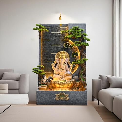 200cm Ganesha Indoor Resin Water Fountain – Zen Decor with LED Lights & Flowing Water Feature Buddha Fountain Large Water Curtain