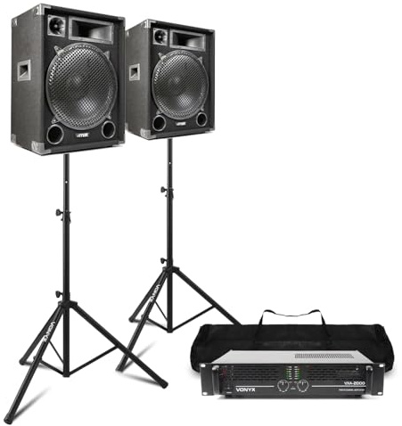 MAX15 Complete 2000W Passive DJ PA Speaker Kit with Amplifier, Stands & Speaker Cables – Powerful Sound System for Events, DJs and Live Gigs