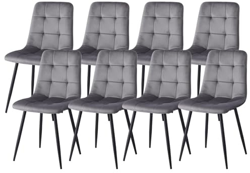 JZGORC 8er-Set Nordischer Esszimmerstuhl, Niederländischer Küchenstuhl aus Samt, Schwarze Metallbeine, Sitzfläche und Rückenlehne aus Hochdichtem Schwamm, Geeignet für Wohnzimmer, Küche – Dunkelgrau
