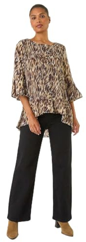 Roman Originals Floral Print Pleated Top for Women UK - Ladies Everyday Autumn Winter Round Neckline Comfy Soft Evening Vacation Work Party Night Out - Brown - Size 16