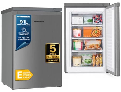 HEINNER Gefrierschrank HFF-HM91SE++, 91 L, Energieklasse E, freistehend, mechanische Steuerung, einstellbarer Thermostat, 4 Gefrierfächer, manuelle Abtauung, wechselbare Tür, Silber