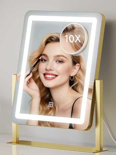 MUIRYN Vanity Mirror with Lights 31 x 37 cm, Dimmable Dressing Table Mirror with 3 Color Modes, 10x Magnifying Mirror, USB-C Powered, 180° Rotation, LED Makeup Mirror for Bedroom, Gold