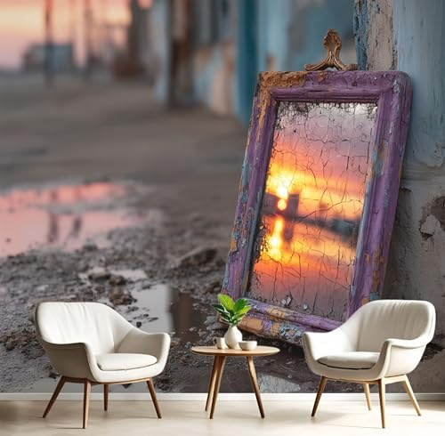 MIATCENRT 3D Effect Photo Wallpaper Vintage Distressed Warehouse Broken Mirror 250x175cm Mural Panoramic Wall Tapestry, Large Photo Wallpaper Mural Bedroom Eco-Friendly Decoration
