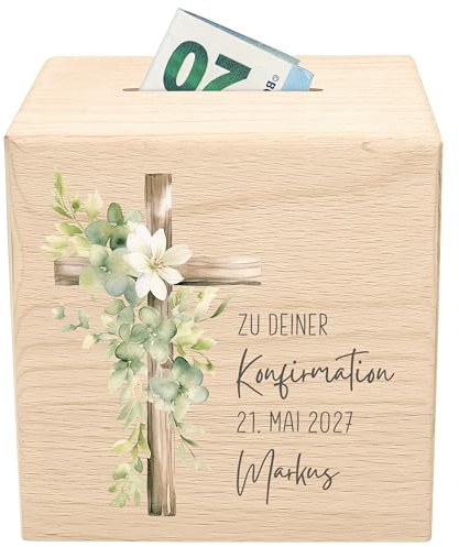Konfirmation Geschenk Spardose aus Holz personalisiert Geldgeschenk Konfirmationsgeschenk für Junge Mädchen