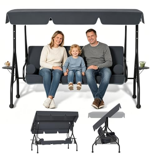 LZQ Hollywoodschaukel 3-Sitzer mit Liegefunktion Garten Schaukelbank mit verstellbarem Sonnendach, Gartenliege Gartenschaukel mit Anti-Rutsch-Füßen, Verandaschaukel Outdoor Schaukel, Anthrazit
