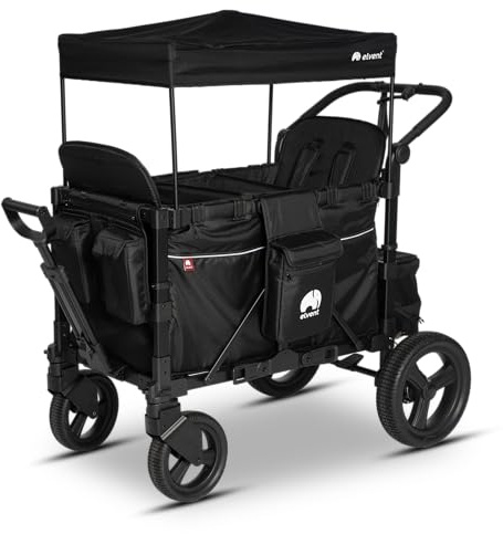 elvent® FlexProfessional 2 Bollerwagen | TÜV-Zertifiziert | Handwagen faltbar mit Dach, 5-Punkt-Gurt, Feststellbremse, 100 kg | Kita & Tagespflege (Schwarz)