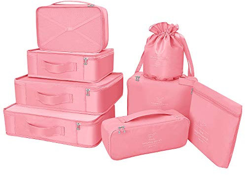 Koffer Organizer Reise Kleidertaschen 8 Sets/7 Farben Travel Gep?ck Organisatoren enthalten wasserdichte Schuh-Aufbewahrungsbeutel Bequeme Kompressions Beutel für Reisen ,Peach Pink