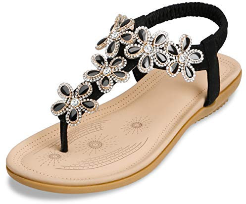 Zoerea Sandali Piatti da Donna da Estate Strass Fiore Bohemia Flip Flop Spiaggia Estivi Scarpe Casual Open Toe Tacco Piatto Nero,44 EU