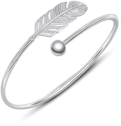 AILUOR 925 Silver Leaf Feather Bangle Bracelet Bohemian style Fashion Charms Bracelets Jewelry Cuff Women Adjustable (Silver)