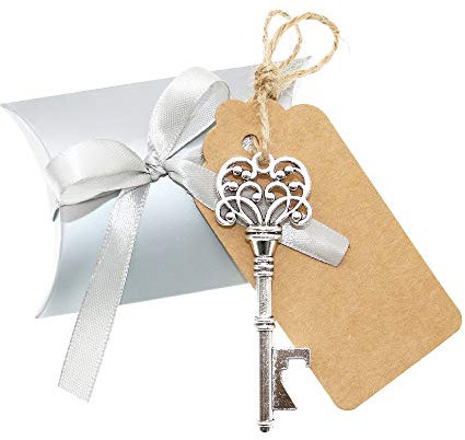 BITEYI 30 pcs Clé Décapsuleur Mariage Skeleton Key Ouvre-Bouteille avec Boîte à Bonbons et Tag Cartes,pour Fête Décoration (argenté 2)