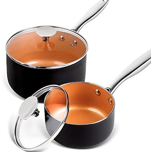 MICHELANGELO Kochtöpfe, 1QT & 3QT KupferStielkasserolle mit Antihaftbeschichtung aus Keramik innen für Mehrzweckgebrauch, antihaftbeschichteter Stieltopf mit Deckel, kleine Töpfe aus Kupfer 1 Quart