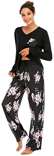 Famulily Pigiama comodo da donna, set pigiama da donna con stampa floreale, a maniche lunghe, abbigliamento da casa e pantaloni a gamba larga, set morbido da notte, Nero , S